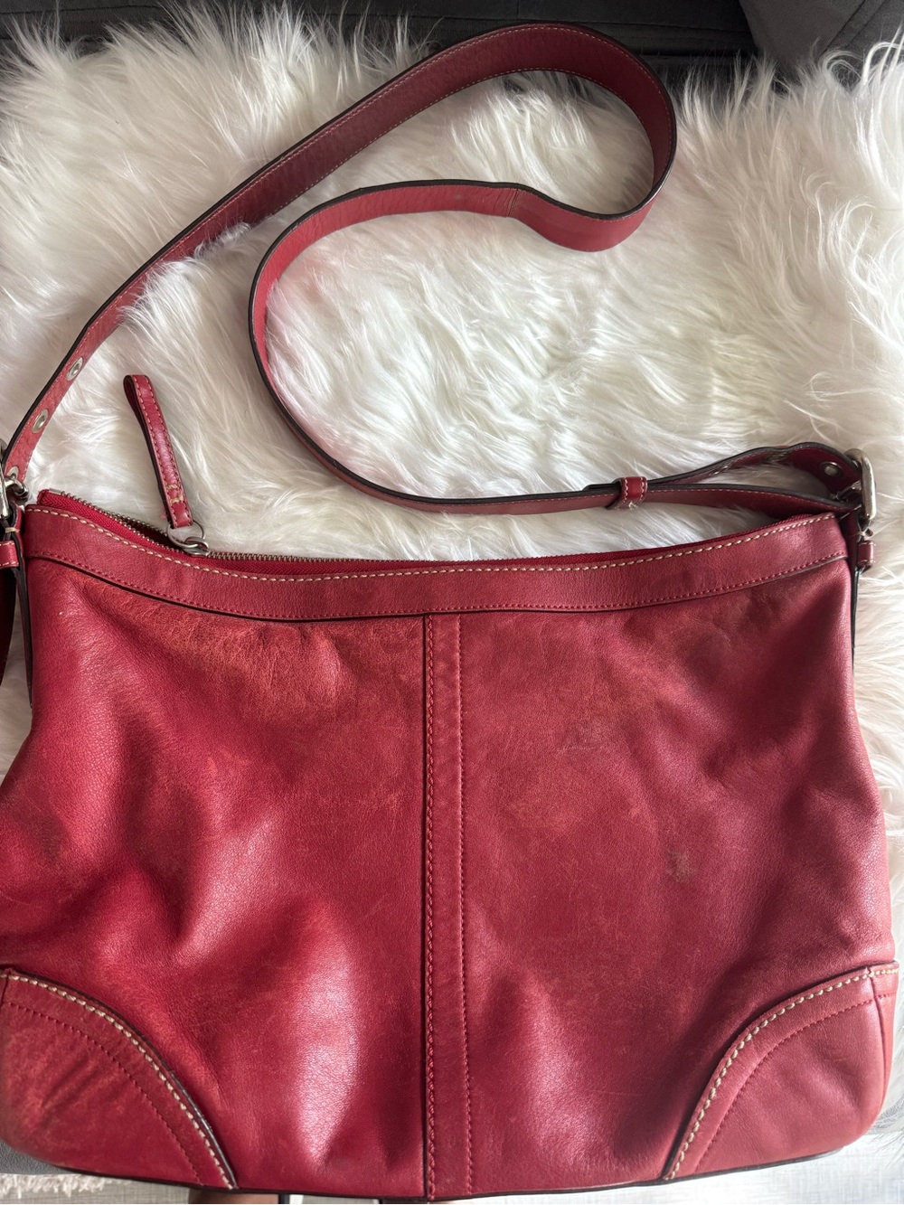 Vintage COACH Soho red leather zip-top crossbody bag contrast white stitching